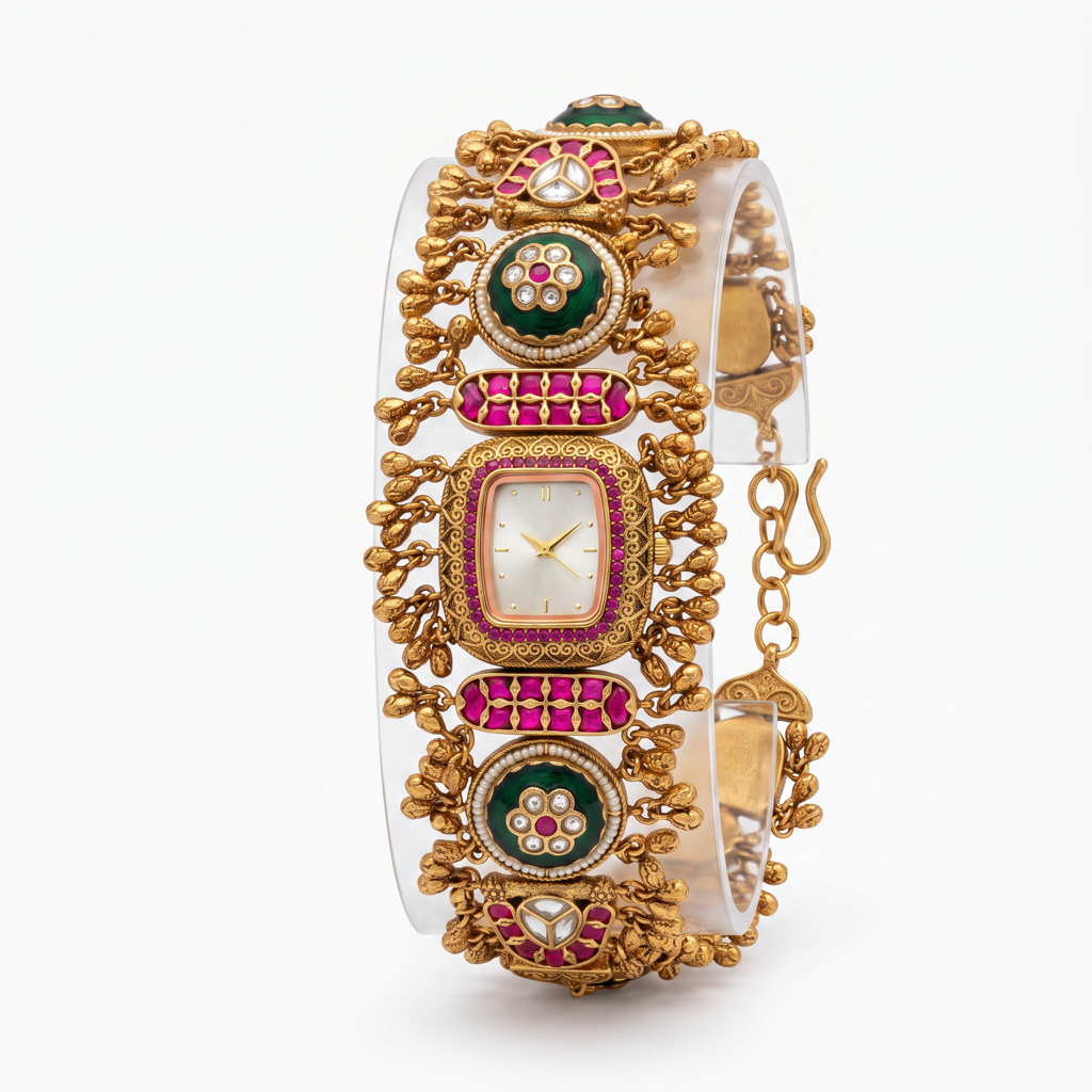 Antique Gold White Dial Ruby Bezel Green Cabochon Ghungroo Bracelet Watch For Women & Girls | Stylish Watch | : BV-SJ-MH-SR-24