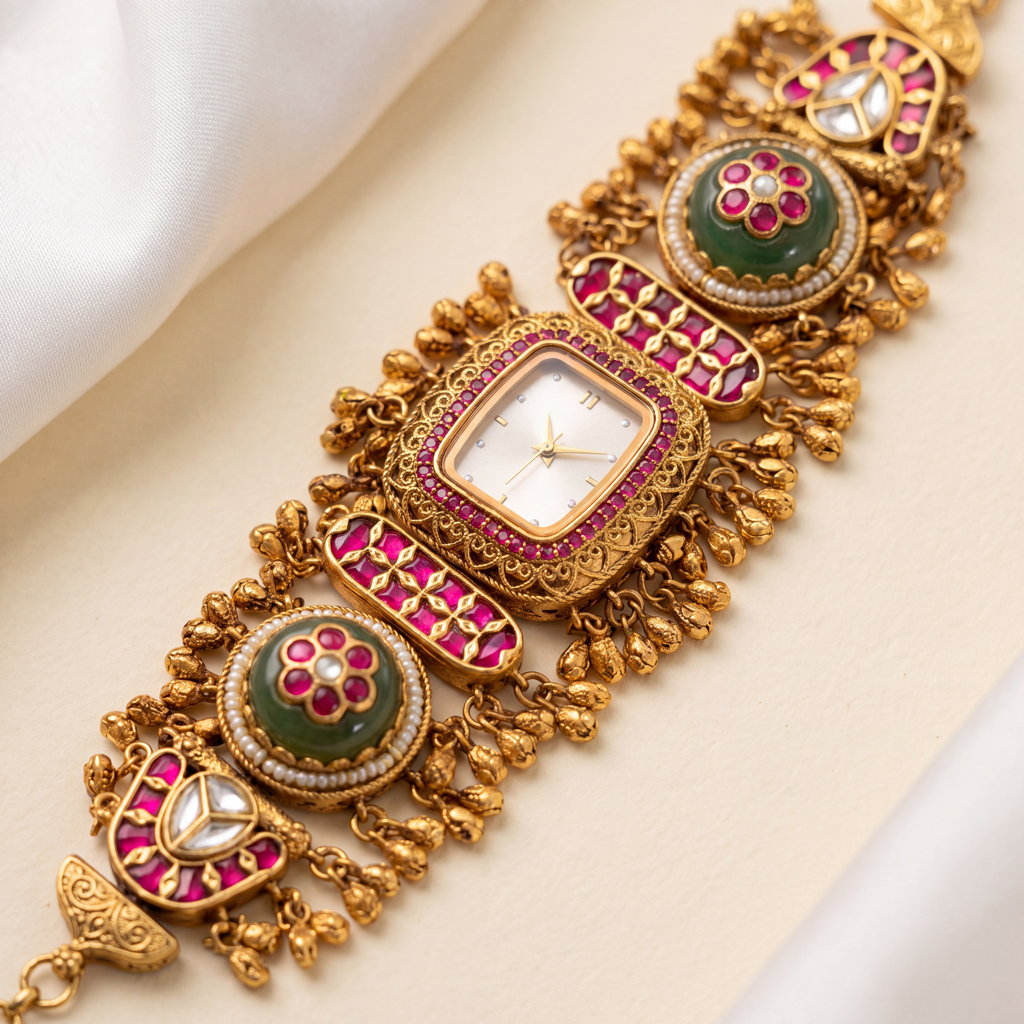 Antique Gold White Dial Ruby Bezel Ruby Bar Green Cabochon Ghungroo Bracelet Watch For Women & Girls | Stylis : BV-SJ-MH-SR-26