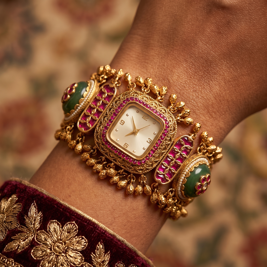 Antique Gold White Dial Ruby Bezel Ruby Bar Green Cabochon Ghungroo Bracelet Watch For Women & Girls | Stylis : BV-SJ-MH-SR-26
