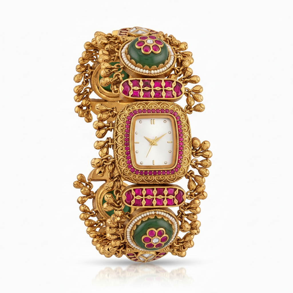 Antique Gold White Dial Ruby Bezel Ruby Bar Green Cabochon Ghungroo Bracelet Watch For Women & Girls | Stylis : BV-SJ-MH-SR-26