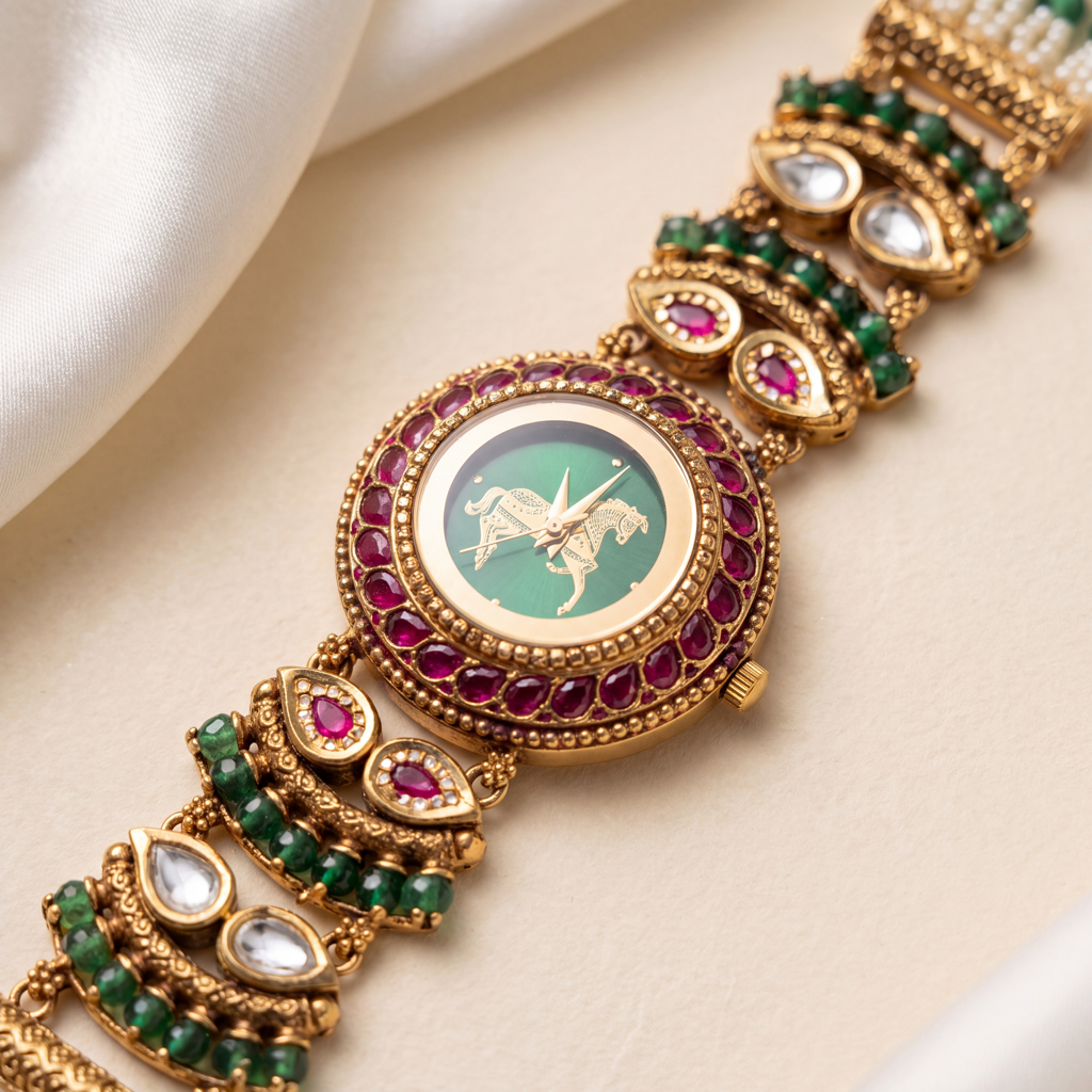 Antique Gold Green Dial Horse Motif Ruby Bezel Bracelet Watch For Women & Girls | Stylish Watch | Wrist Watche : BV-SJ-MH-SR-6