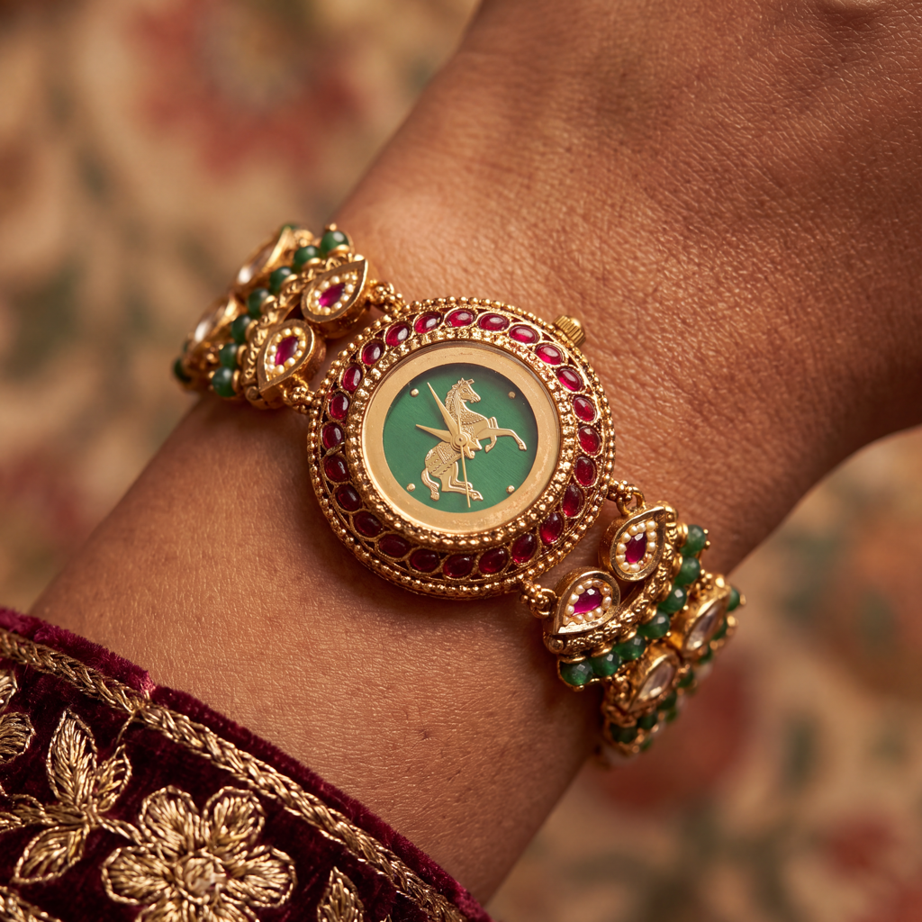 Antique Gold Green Dial Horse Motif Ruby Bezel Bracelet Watch For Women & Girls | Stylish Watch | Wrist Watche : BV-SJ-MH-SR-6
