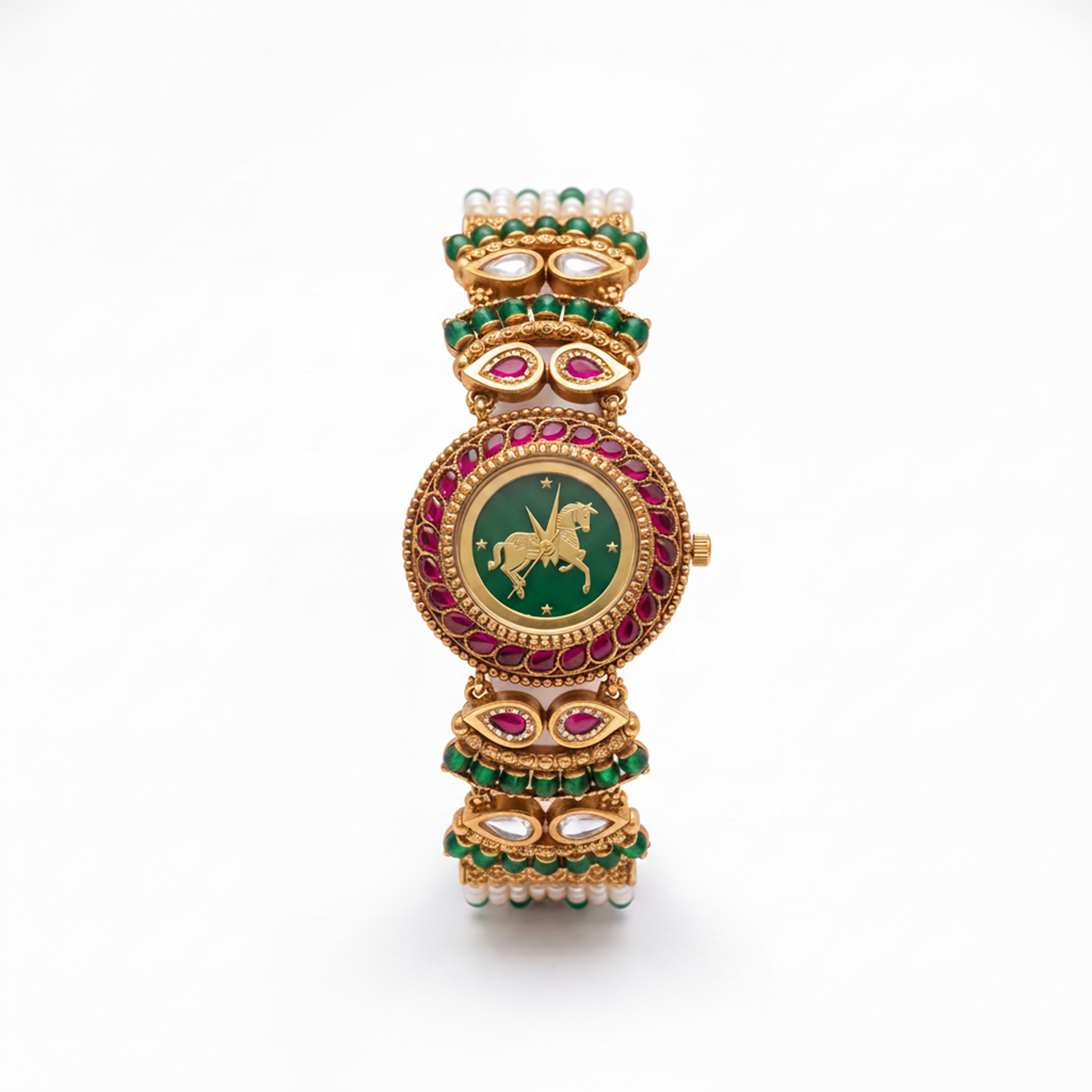Antique Gold Green Dial Horse Motif Ruby Bezel Bracelet Watch For Women & Girls | Stylish Watch | Wrist Watche : BV-SJ-MH-SR-6