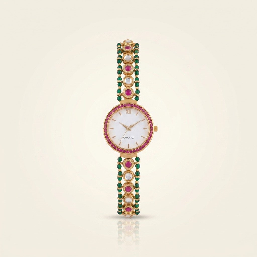 Emerald & Ruby Heritage Kundan Bracelet Watch For Women : BV-SJN-SRT-WTCH-WHITE-1PINK