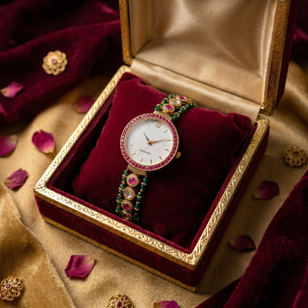 Emerald & Ruby Heritage Kundan Bracelet Watch For Women : BV-SJN-SRT-WTCH-WHITE-1PINK
