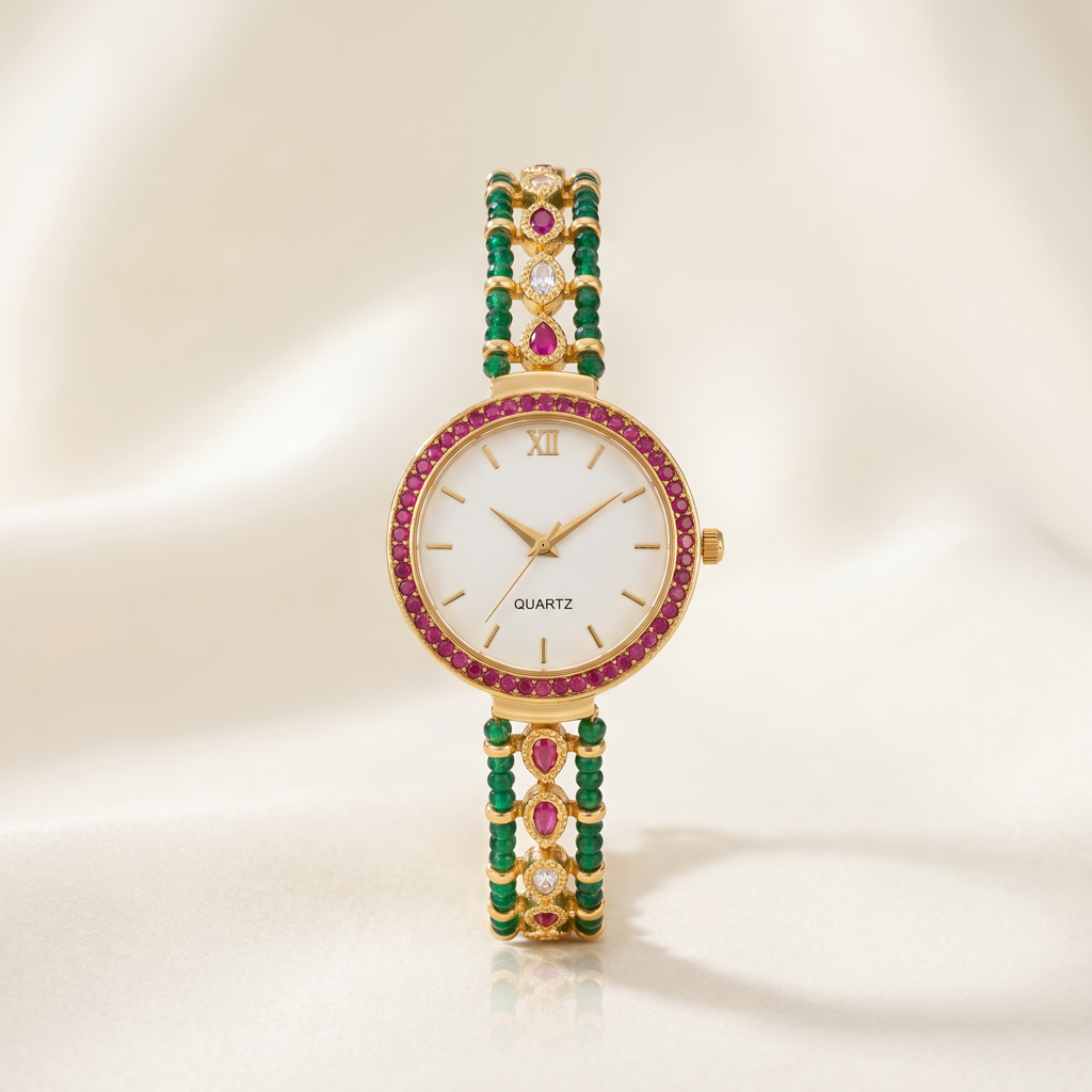 Emerald & Ruby Heritage Kundan Bracelet Watch For Women : BV-SJN-SRT-WTCH-WHITE-2PINK