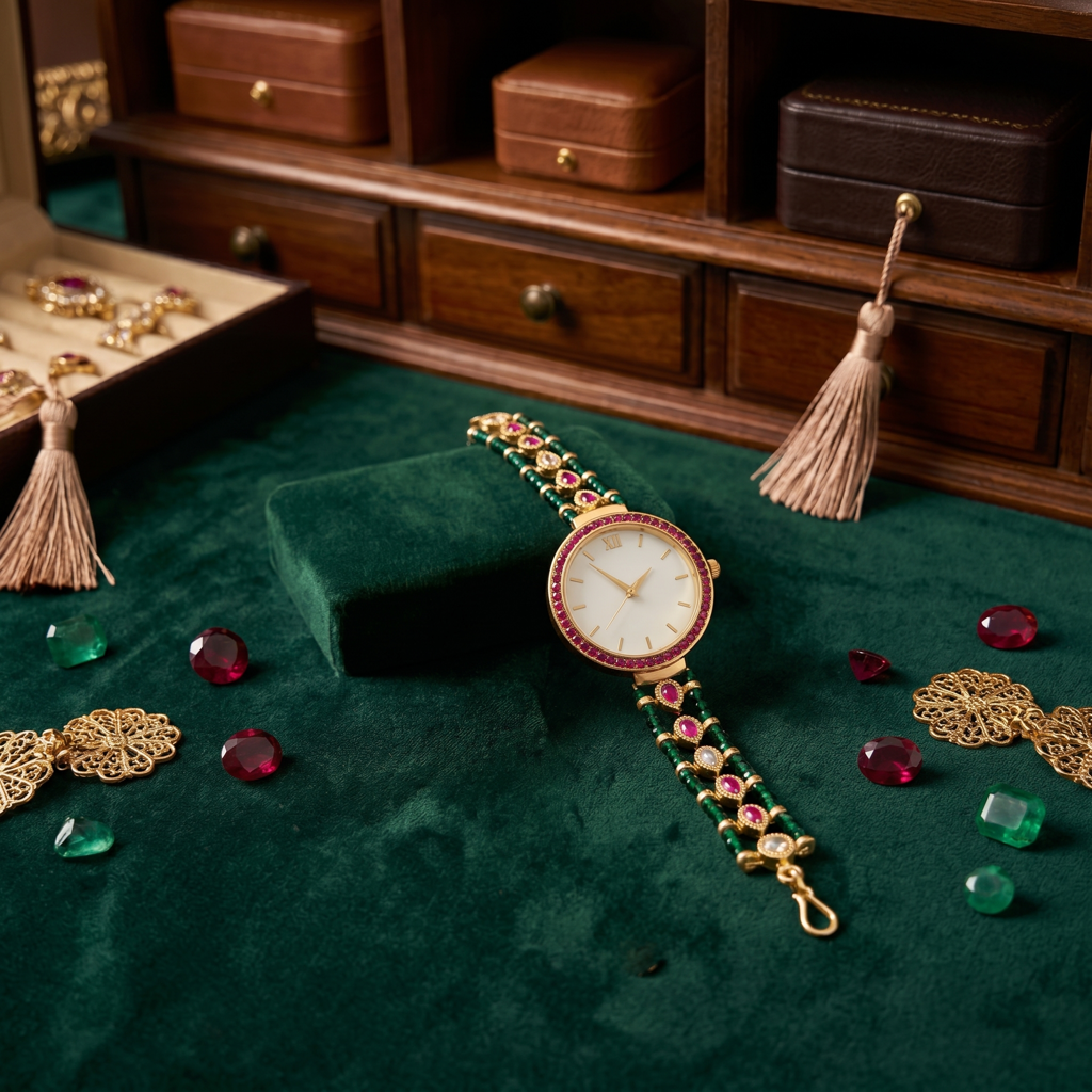 Emerald & Ruby Heritage Kundan Bracelet Watch For Women : BV-SJN-SRT-WTCH-WHITE-2PINK