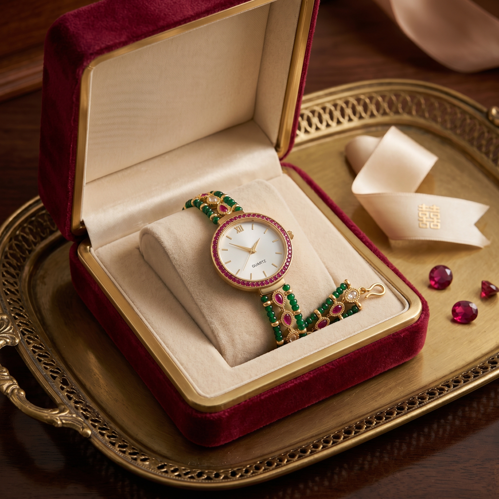 Emerald & Ruby Heritage Kundan Bracelet Watch For Women : BV-SJN-SRT-WTCH-WHITE-2PINK