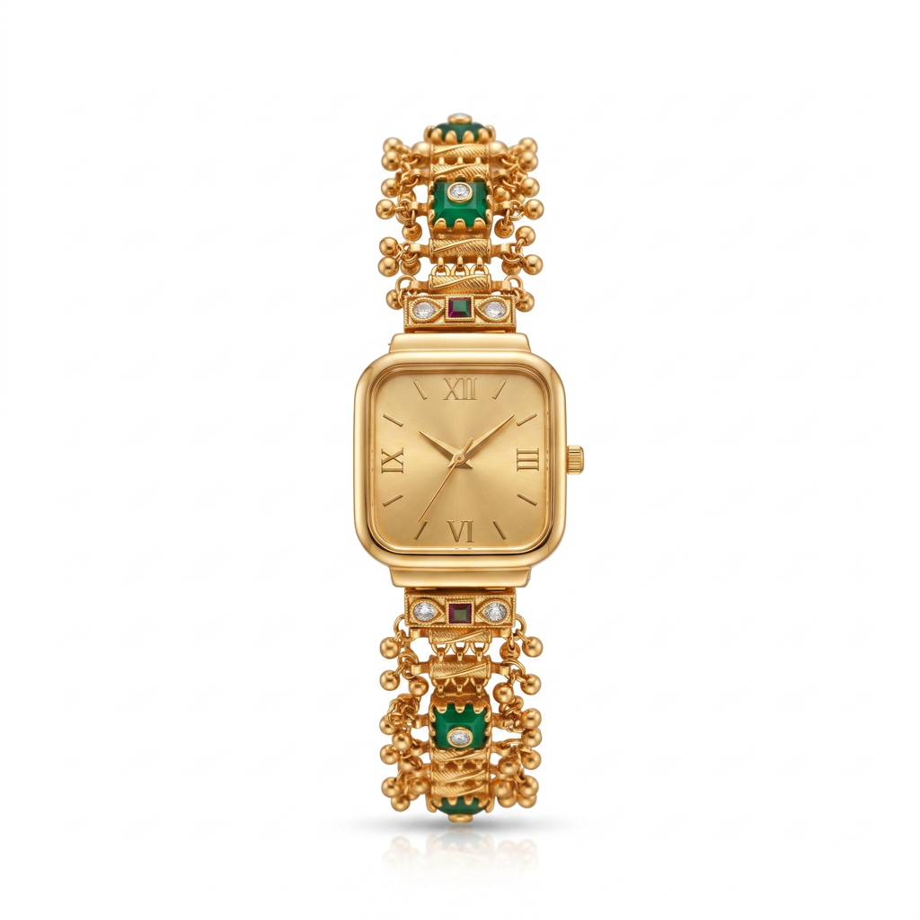 Ghungroo Bead Green Enamel Square Gold Watch : BV-SRT-BHTI-1