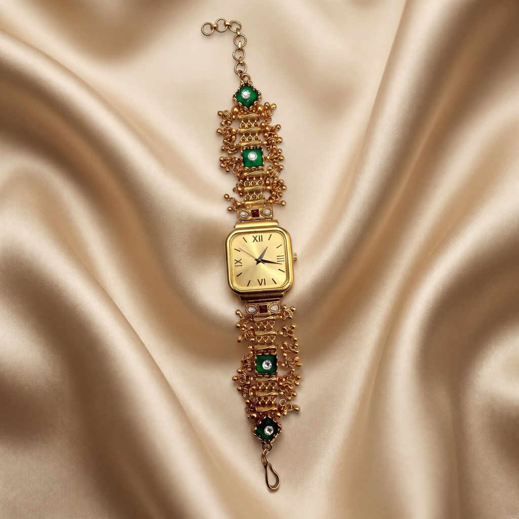 Ghungroo Bead Green Enamel Square Gold Watch : BV-SRT-BHTI-1