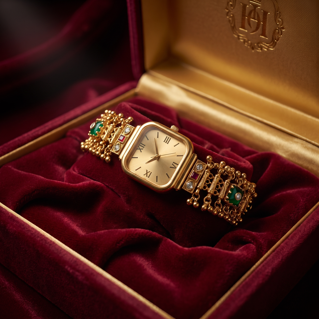 Ghungroo Bead Green Enamel Square Gold Watch : BV-SRT-BHTI-1