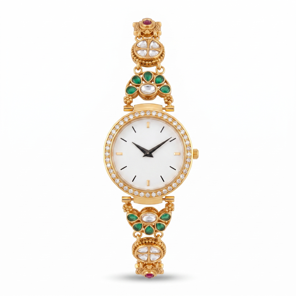 Crystal Bezel Kundan Quatrefoil Gold Watch : BV-SRT-BHTI-10