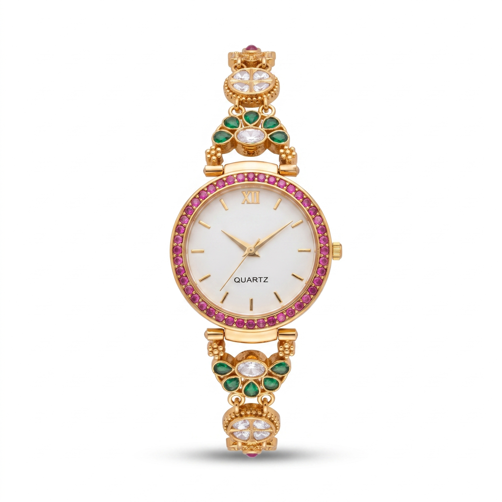 Emerald Petal Ruby Bezel White Dial Watch : BV-SRT-BHTI-6