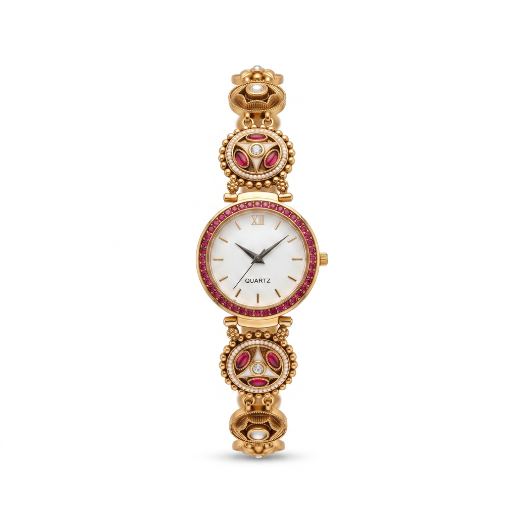 Pearl Rimmed Ruby Medallion Gold Watch : BV-SRT-BHTI-8