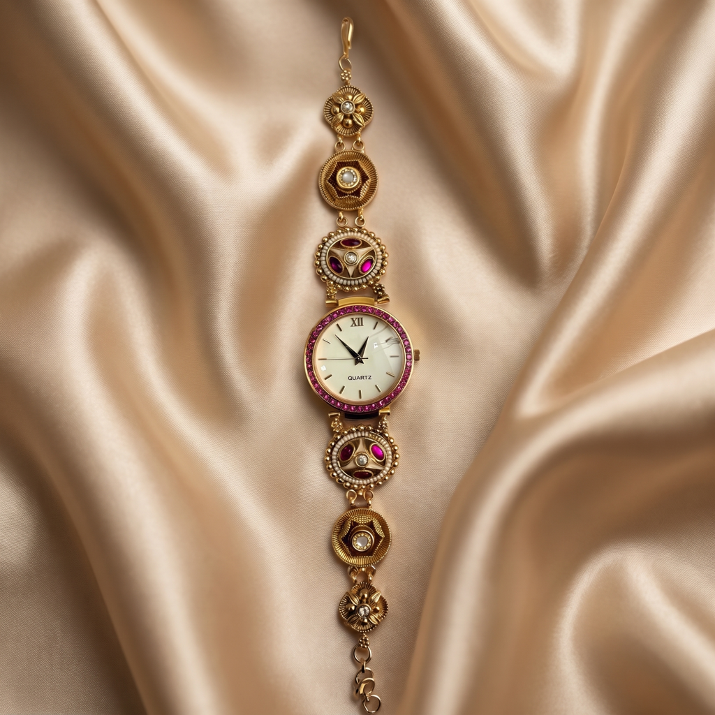 Pearl Rimmed Ruby Medallion Gold Watch : BV-SRT-BHTI-8