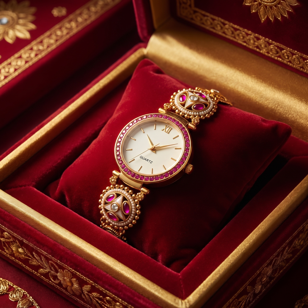 Pearl Rimmed Ruby Medallion Gold Watch : BV-SRT-BHTI-8