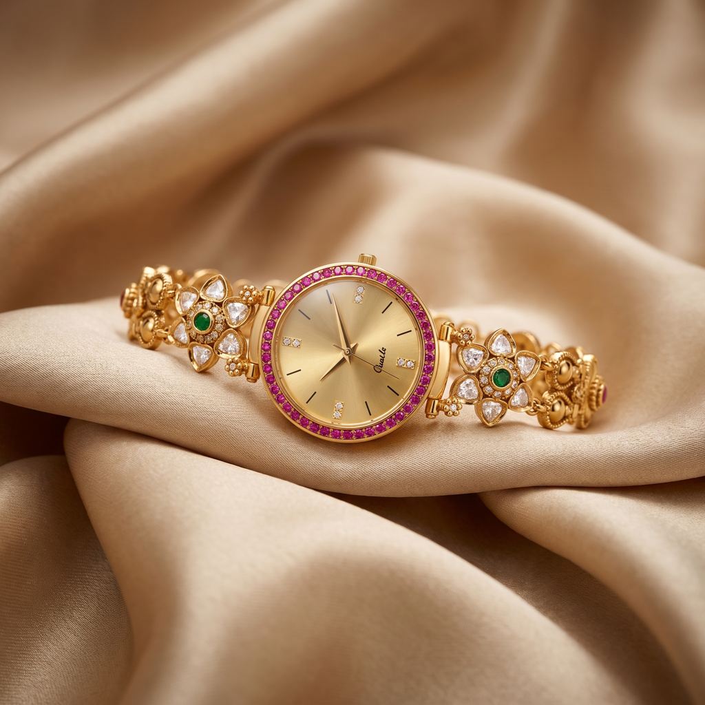 Champagne Sunray Ruby Bezel Polki Watch : BV-SRT-BHTI-9
