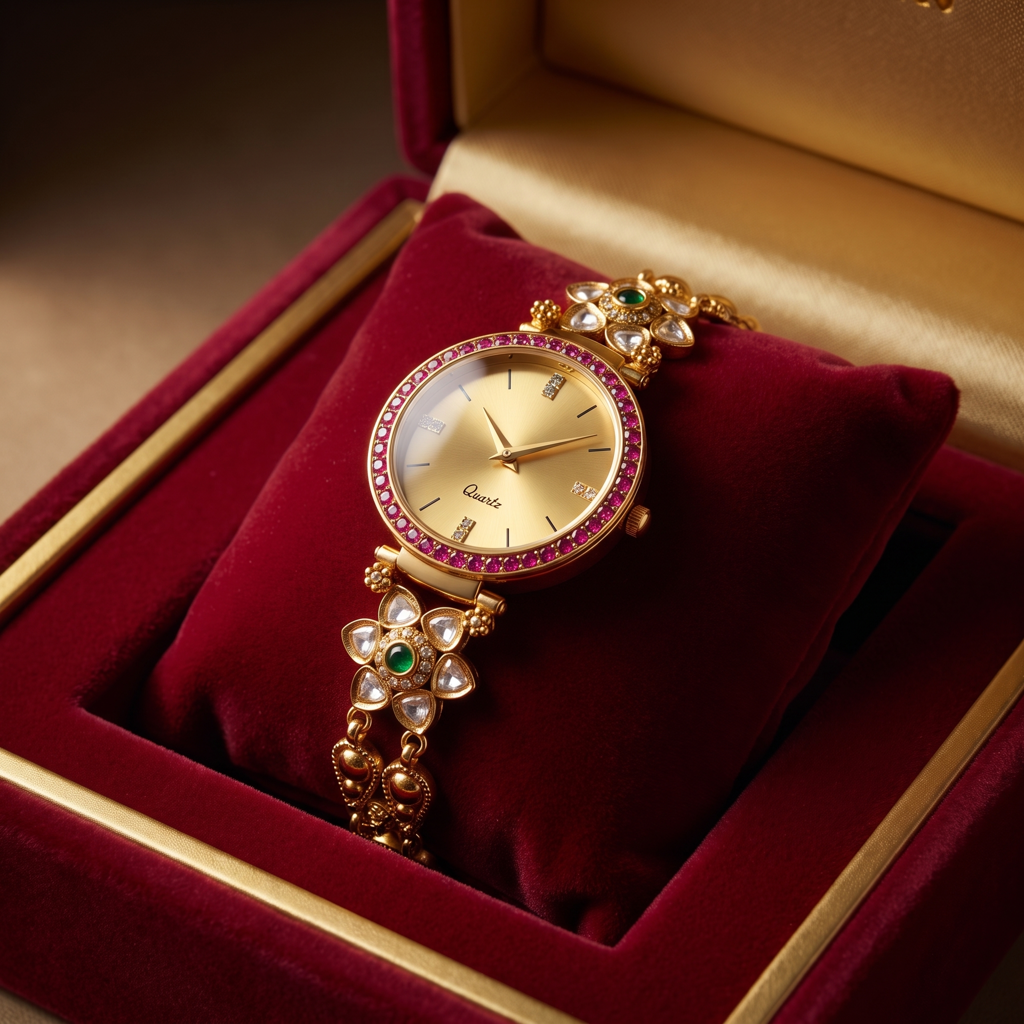 Champagne Sunray Ruby Bezel Polki Watch : BV-SRT-BHTI-9