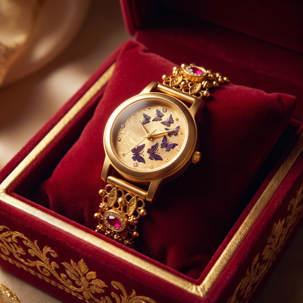Midnight Butterfly Enamel Gold Dial Watch : BV-SRT-SIA-7