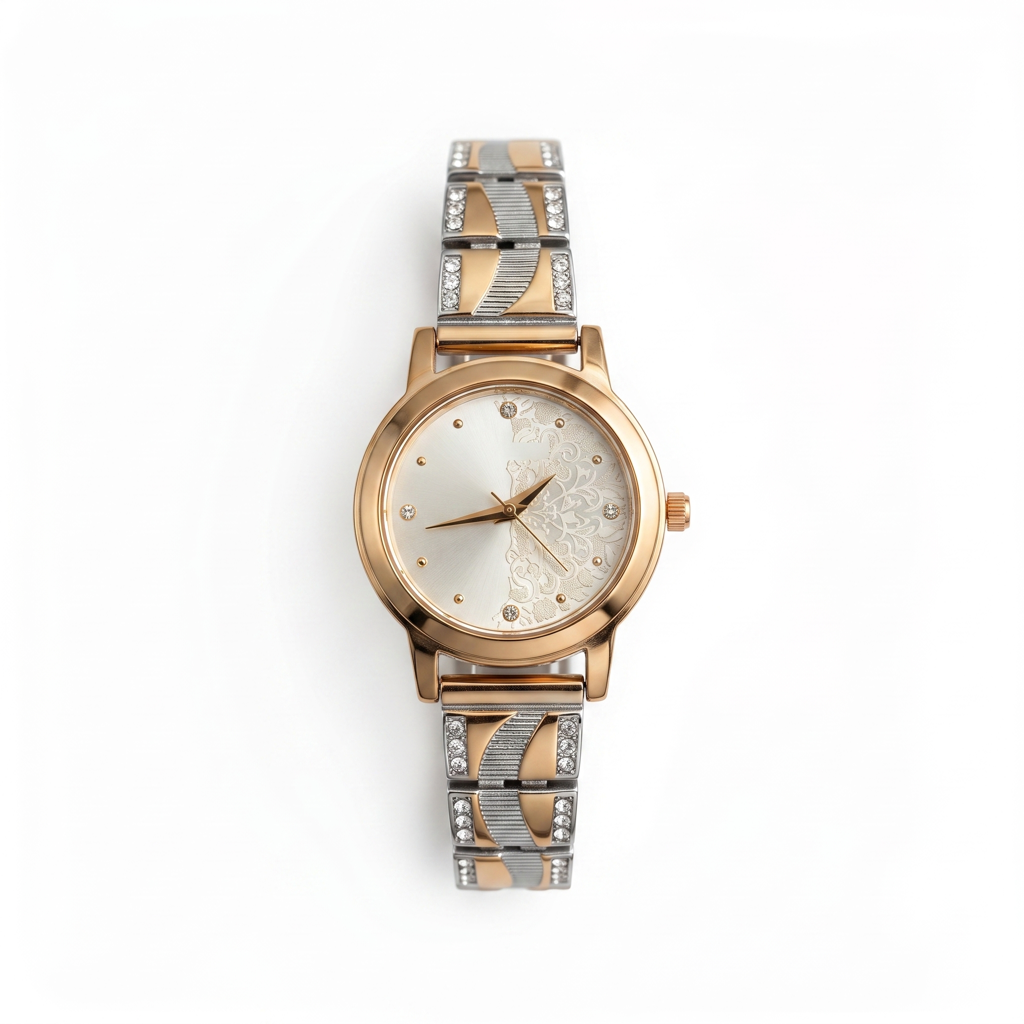 Two Tone Rose Gold Silver Crystal Watch : BV-SRT-SIA-8