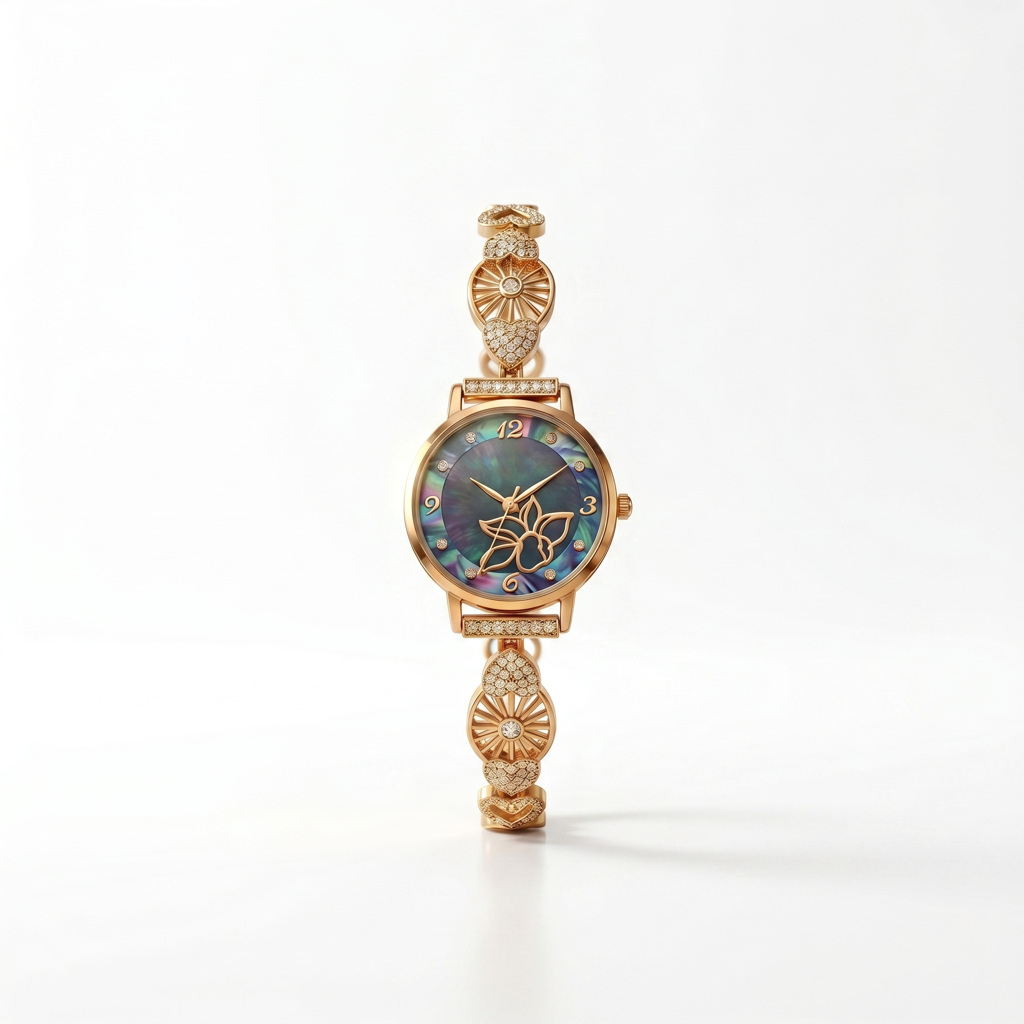 Aurora Lotus Dial Mother Of Pearl Rose Gold Bracelet Watch For Women : BV-Y-ANT-TAR-WATCH-08-GREEN-TEAL-MOP-LOTUS