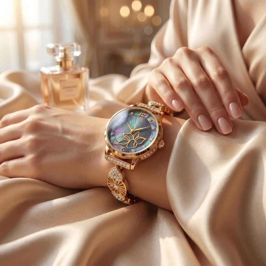 Aurora Lotus Dial Mother Of Pearl Rose Gold Bracelet Watch For Women : BV-Y-ANT-TAR-WATCH-08-GREEN-TEAL-MOP-LOTUS