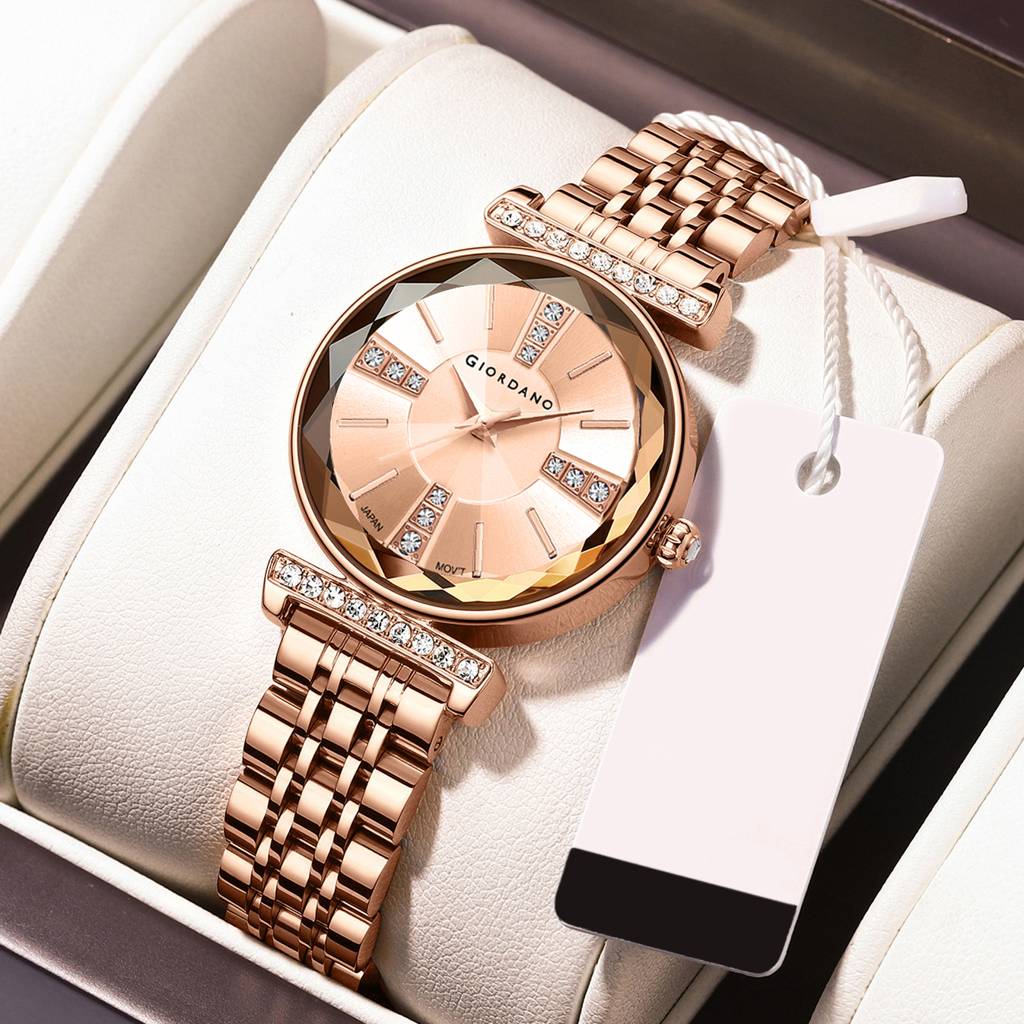 Giordano Stylish Diamond Studded Analog Wrist Watch For Women With Elegant Diamond Cut Glass And Glass Coated St : GZ-60084-33