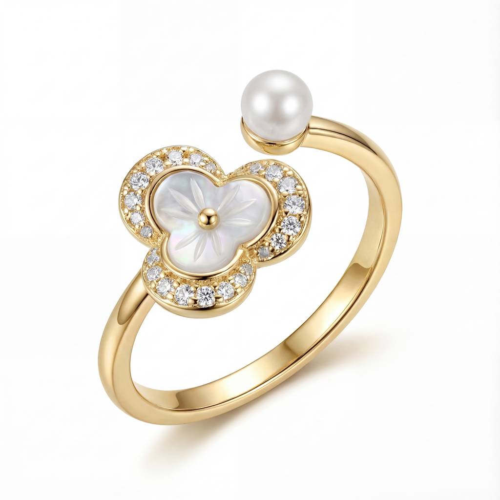 Korean Floral Pearl Open Bypass Ring : YUFSRG004-YG