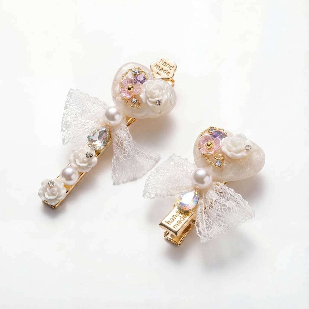 Korean Ethereal Pearl & Lace Blossom Clip Duo : YUFSHR216
