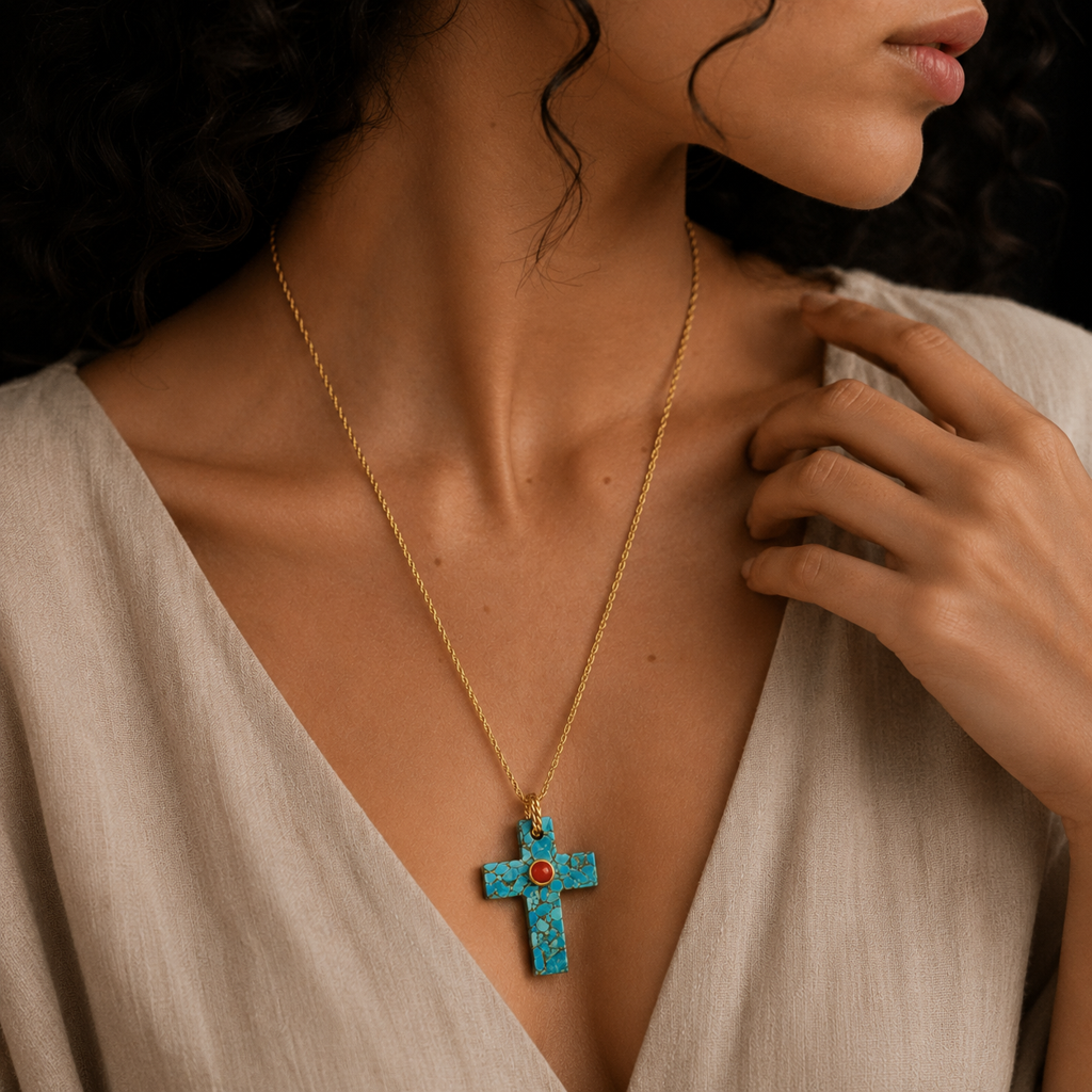 Faith Cross Turquoise And Coral Necklace : AWN-234