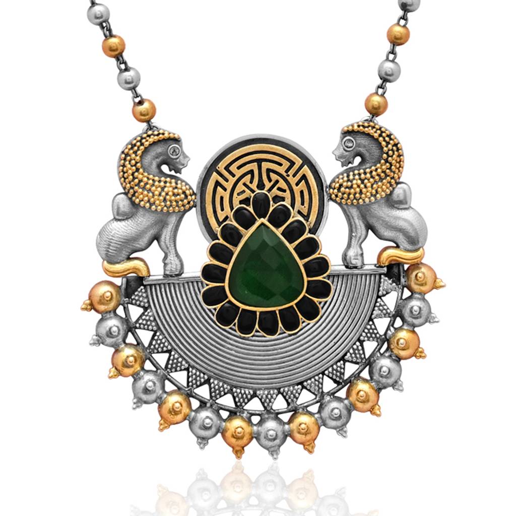 925 Pure Antique Silver Necklace | Green Stone Oxidized Necklace Set : NL1035