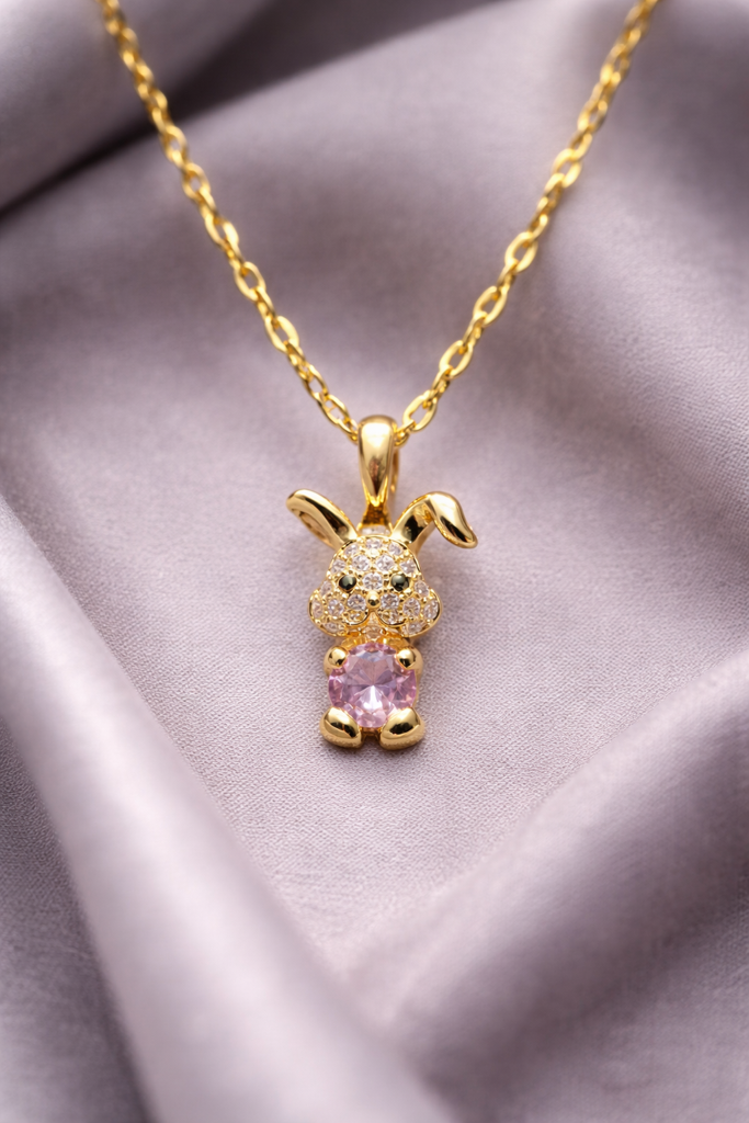 Bunny Charm Necklace – Gold Plated Pendant With Pink Gemstone & Crystal Accents For Women & Girls Waterproof Ch : AST-NEK-0013
