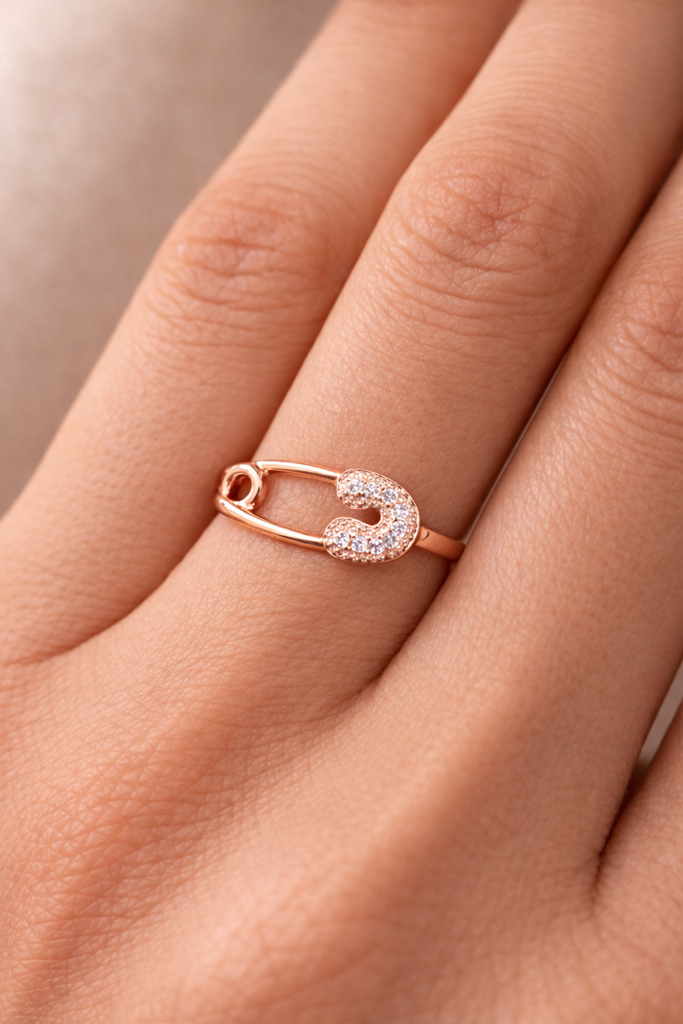 Rose Gold-Plated Safety Pin Ring With Cz – Adjustable Trendy Ring For Women : AST-RIN-0060