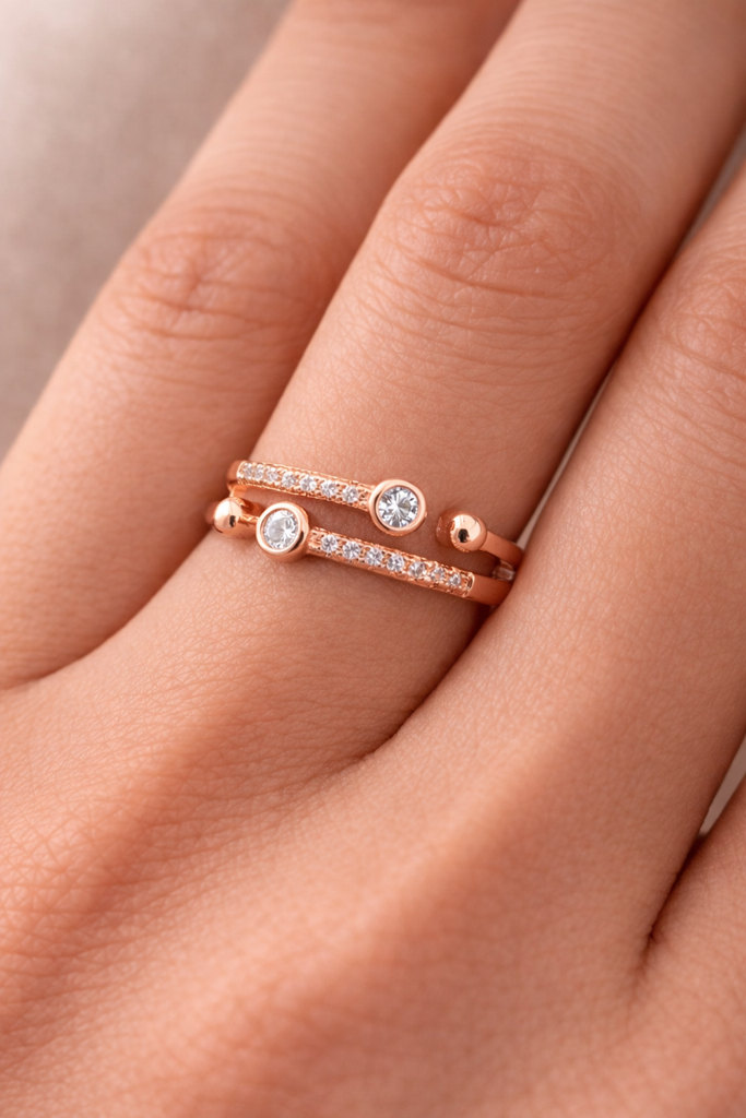 Gold-Plated Double Band Cz Ring – Adjustable Elegant Ring For Women : AST-RIN-0067