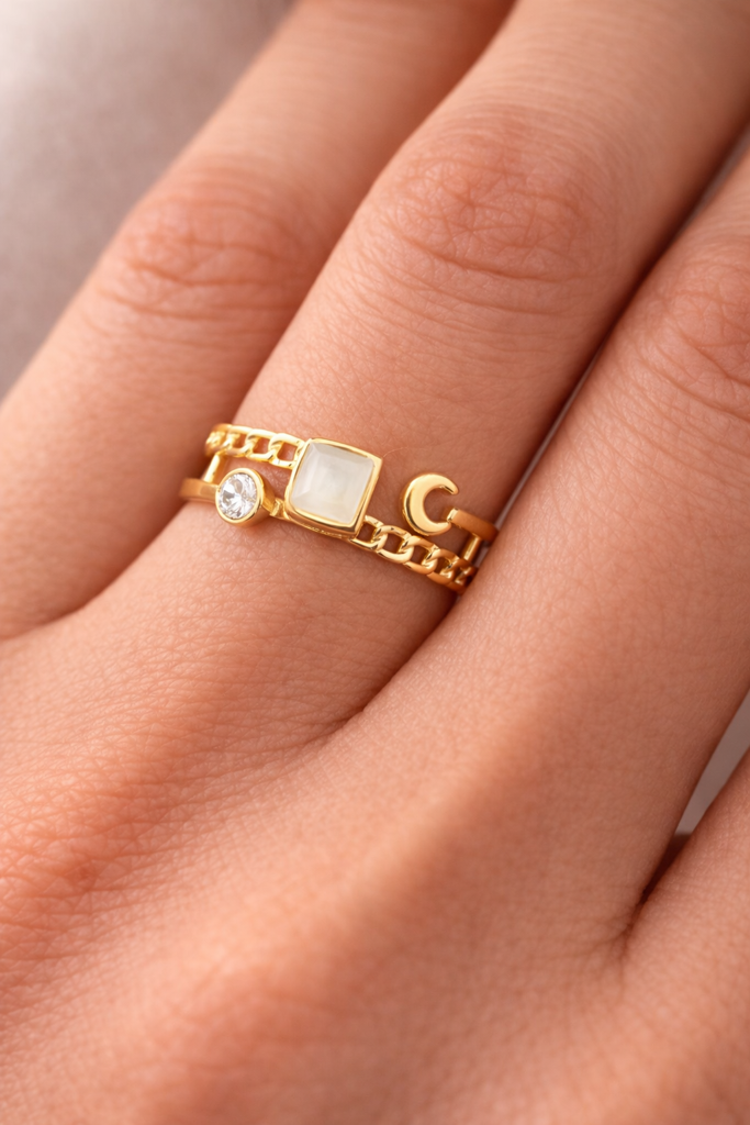 Gold-Plated Adjustable Open Ring For Women – Chain Link Design With Cz Stone | Trendy Statement Fashion Ring Fo : AST-RIN-0075