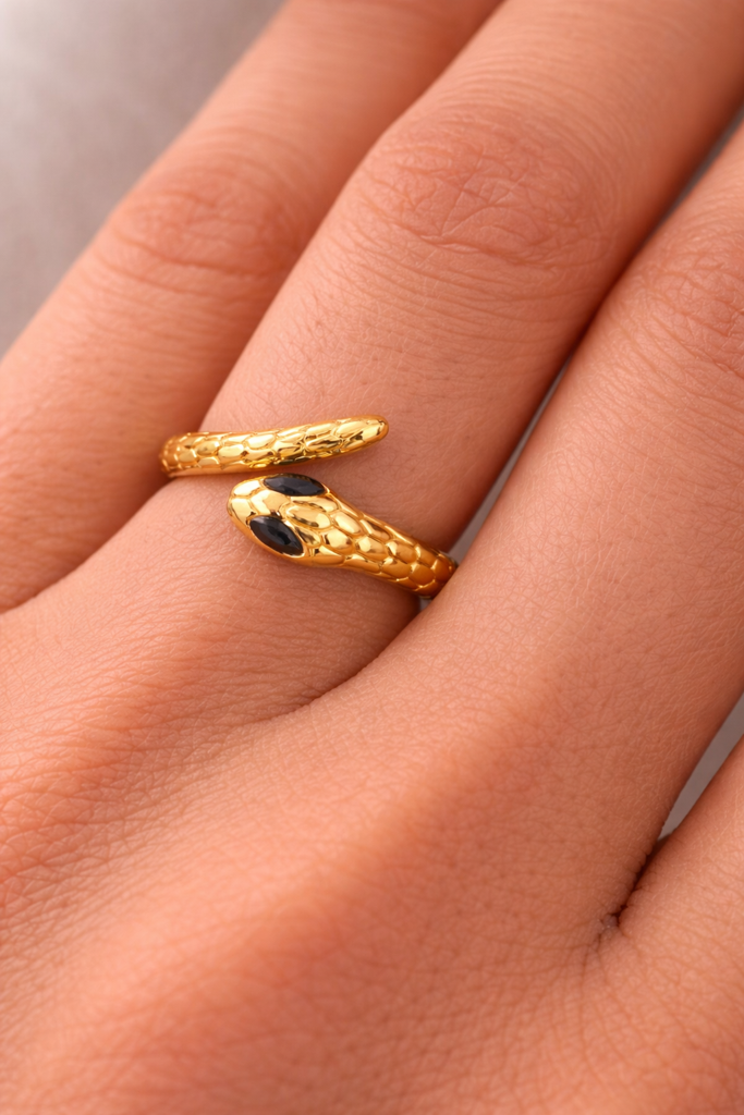 Gold Plated Snake Design Ring For Women | Adjustable Serpent Wrap Ring With Black Stone | Statement Fashion Jew : AST-RIN-0080