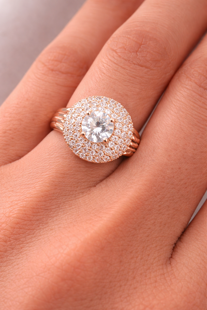 Gold Plated Crystal Statement Ring For Women | Round Halo Design Cubic Zirconia Ring | Luxury Party & Wedding W : AST-RIN-0081