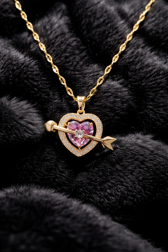 Cupid’S Arrow Heart Necklace – Gold Plated Pink Crystal Pendant For Women & Girls | Trendy Heart Chain Wi : astria-neck-pin-01