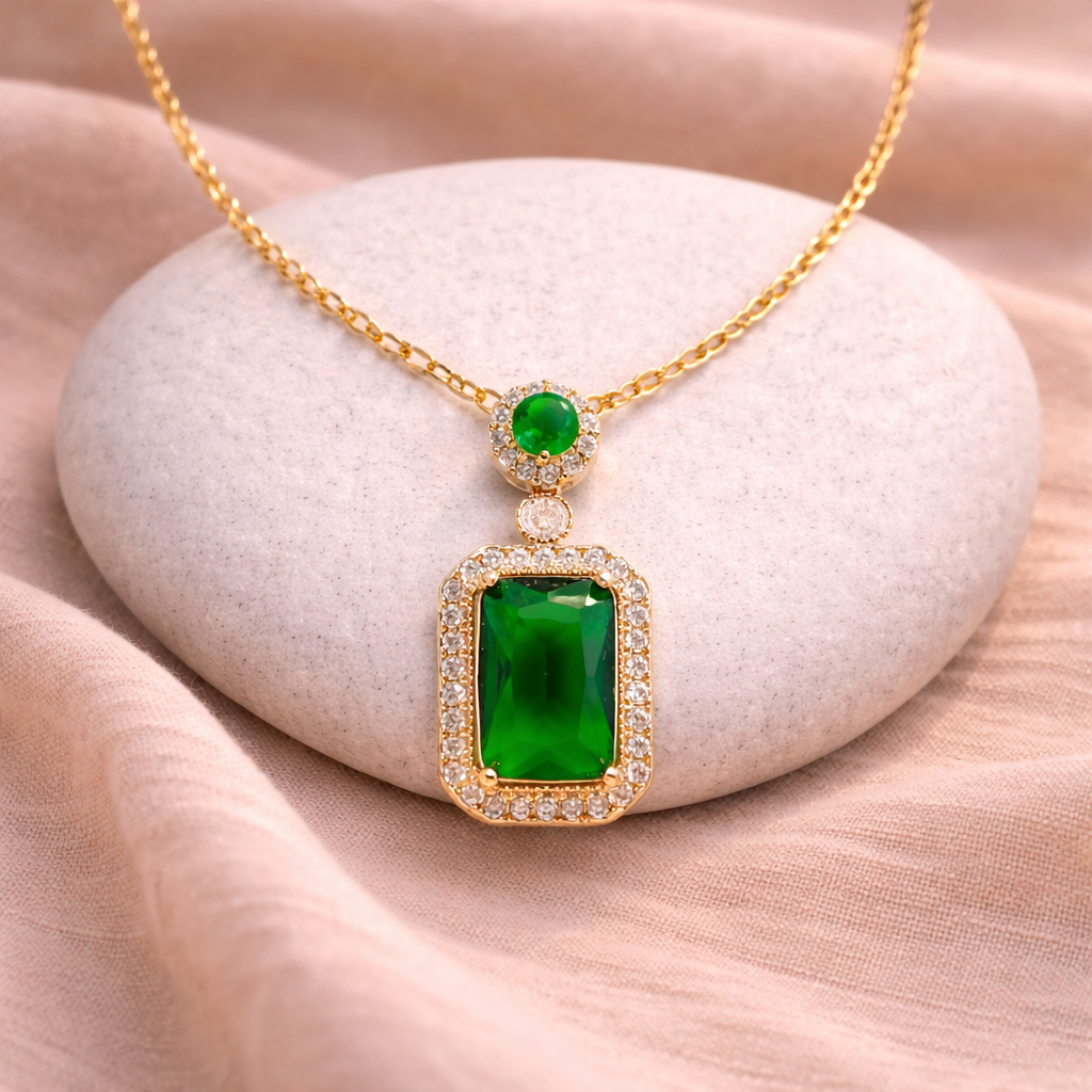 Royal Green Necklace – Gold Finish Pendant With Sparkling Emerald Stone Necklace |Purple Heart Waterproof Chain : NECK-GREN-01