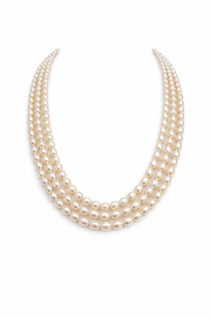 3 Layer Off White Oval Pearl Necklace : NCK-TRP-OFFWHT-PRL