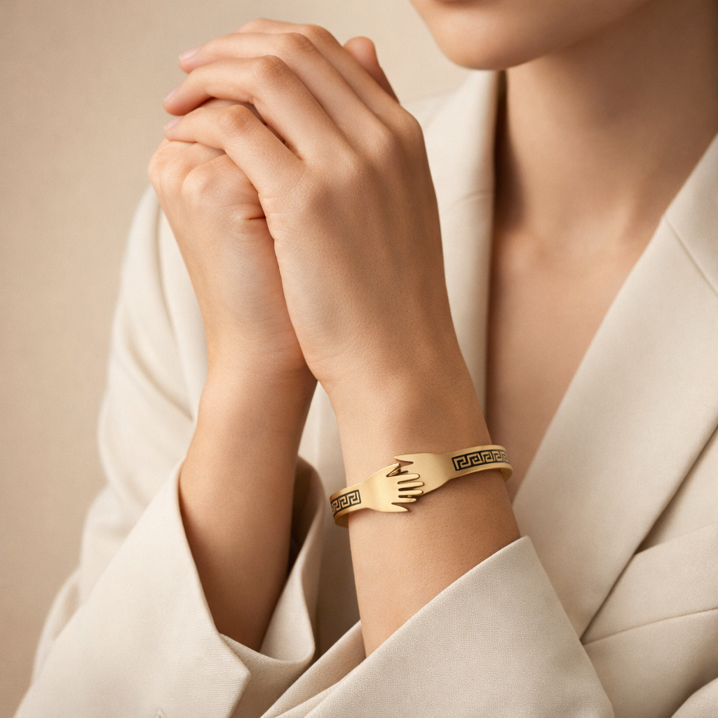 Gold Plated Hand Cuff Bracelet For Women | Designer Hug Bangle With Black Enamel Detail | Luxury Statement Jewe : AST-BRA-0005