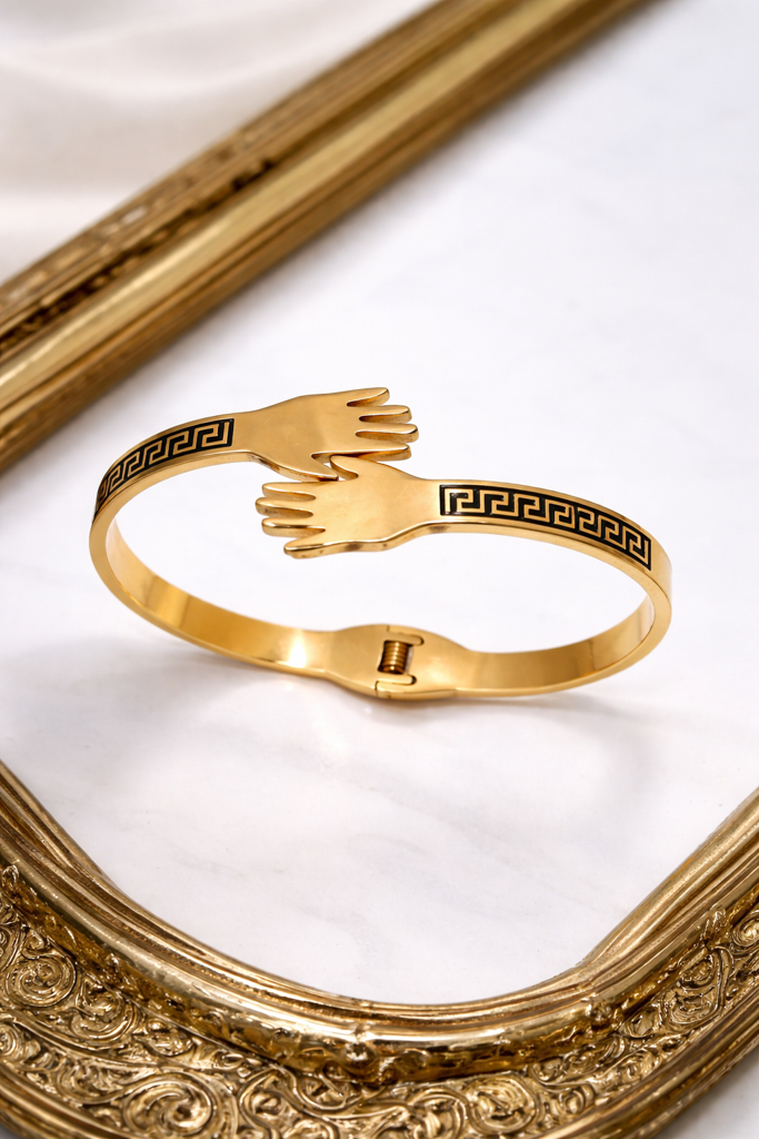 Gold Plated Hand Cuff Bracelet For Women | Designer Hug Bangle With Black Enamel Detail | Luxury Statement Jewe : AST-BRA-0005