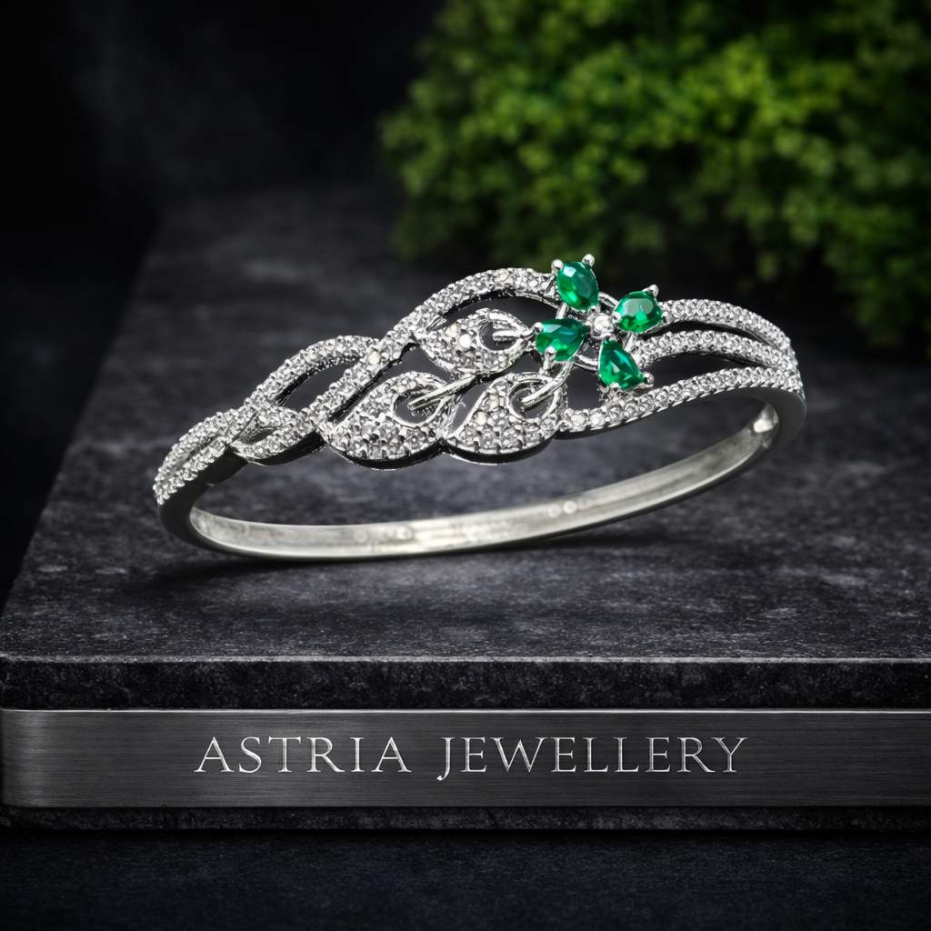 Silver Plated Green Stone Zircon Bracelet For Women | Elegant Floral Vine Design Cuff Bangle | Party & Wedding  : AST-BRA-0007