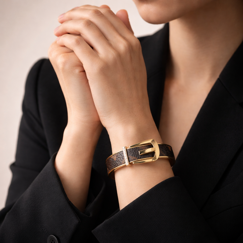 Gold Plated Belt Design Bracelet For Women | Designer Buckle Cuff Bangle With Textured Pattern | Luxury Stateme : AST-BRA-0008