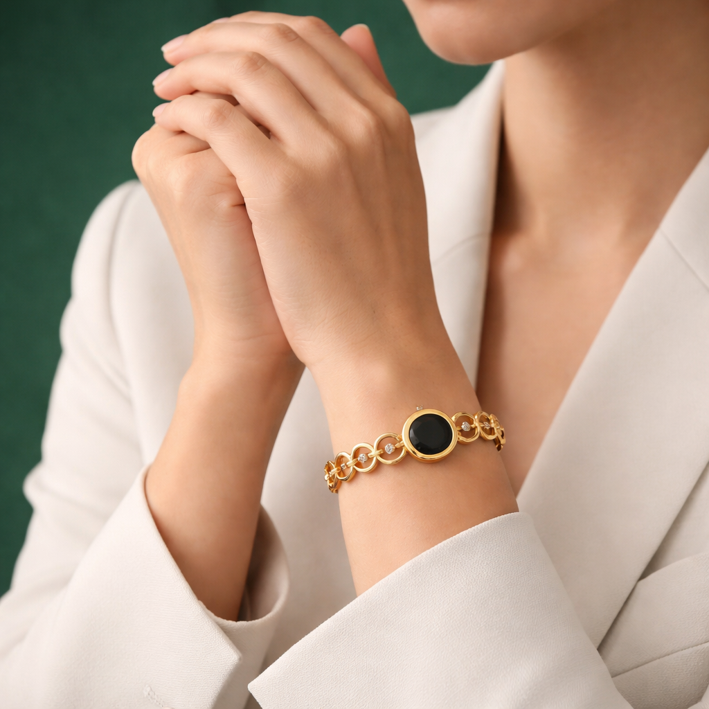 Gold Plated Black Stone Bracelet For Women | Designer Circular Link Chain Bracelet With Crystal Accents | Elega : AST-BRA-0009