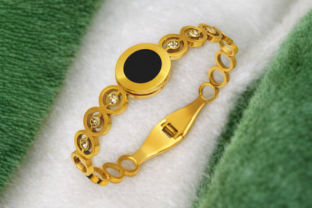 Gold Plated Black Stone Bracelet For Women | Designer Circular Link Chain Bracelet With Crystal Accents | Elega : AST-BRA-0009