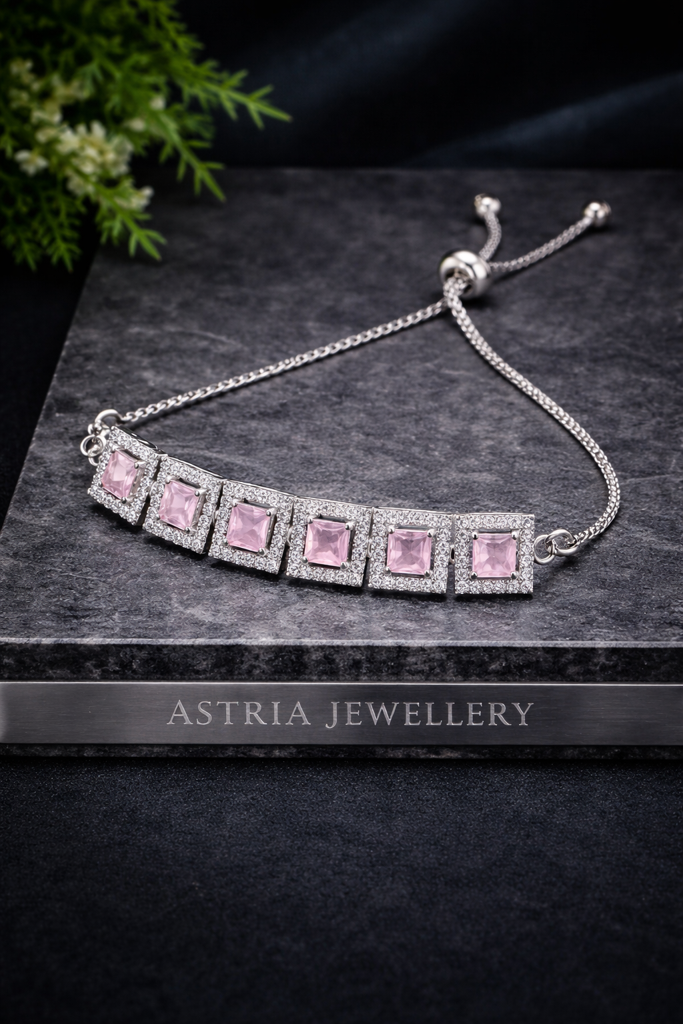 Silver Plated Stone Adjustable Bracelet For Women | Square Crystal Link Bracelet With Sliding Clasp | Elegant P : AST-BRA-0011