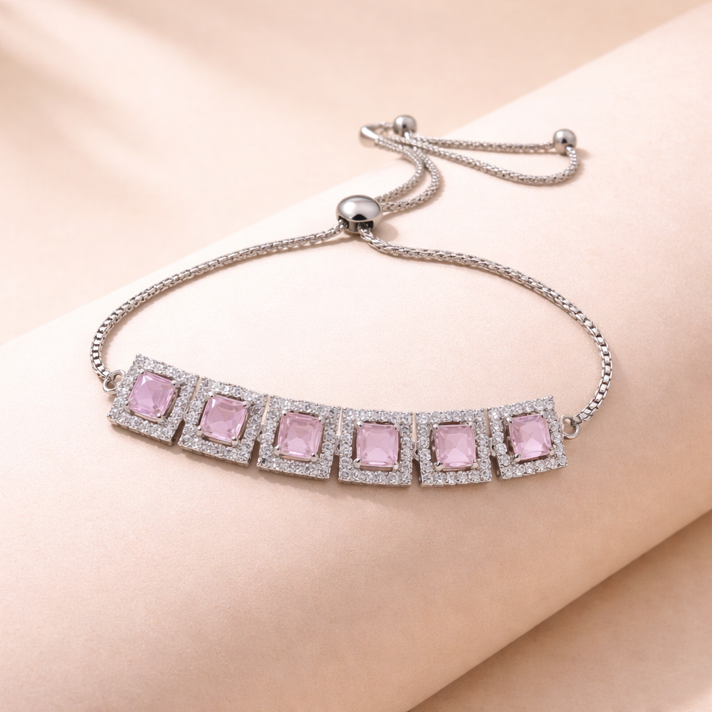 Silver Plated Stone Adjustable Bracelet For Women | Square Crystal Link Bracelet With Sliding Clasp | Elegant P : AST-BRA-0011