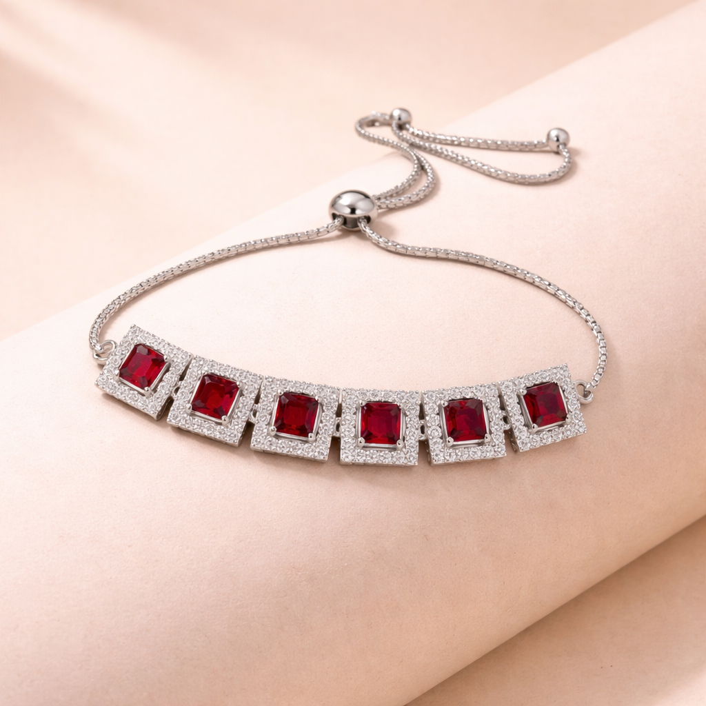 Silver Plated Stone Adjustable Bracelet For Women | Square Crystal Link Bracelet With Sliding Clasp | Elegant P : AST-BRA-0012