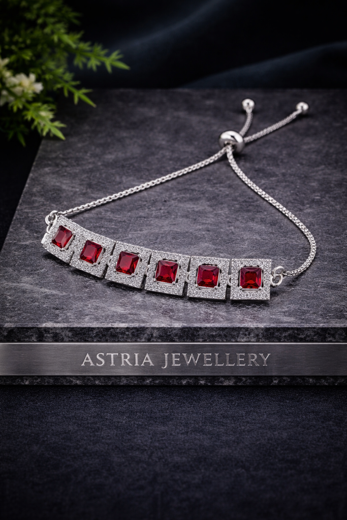 Silver Plated Stone Adjustable Bracelet For Women | Square Crystal Link Bracelet With Sliding Clasp | Elegant P : AST-BRA-0012